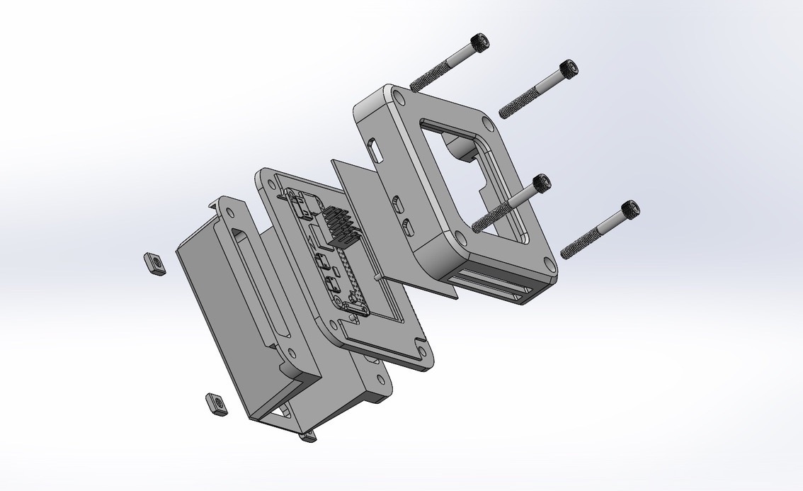 Exploded CAD assembly of the enclosure and mount